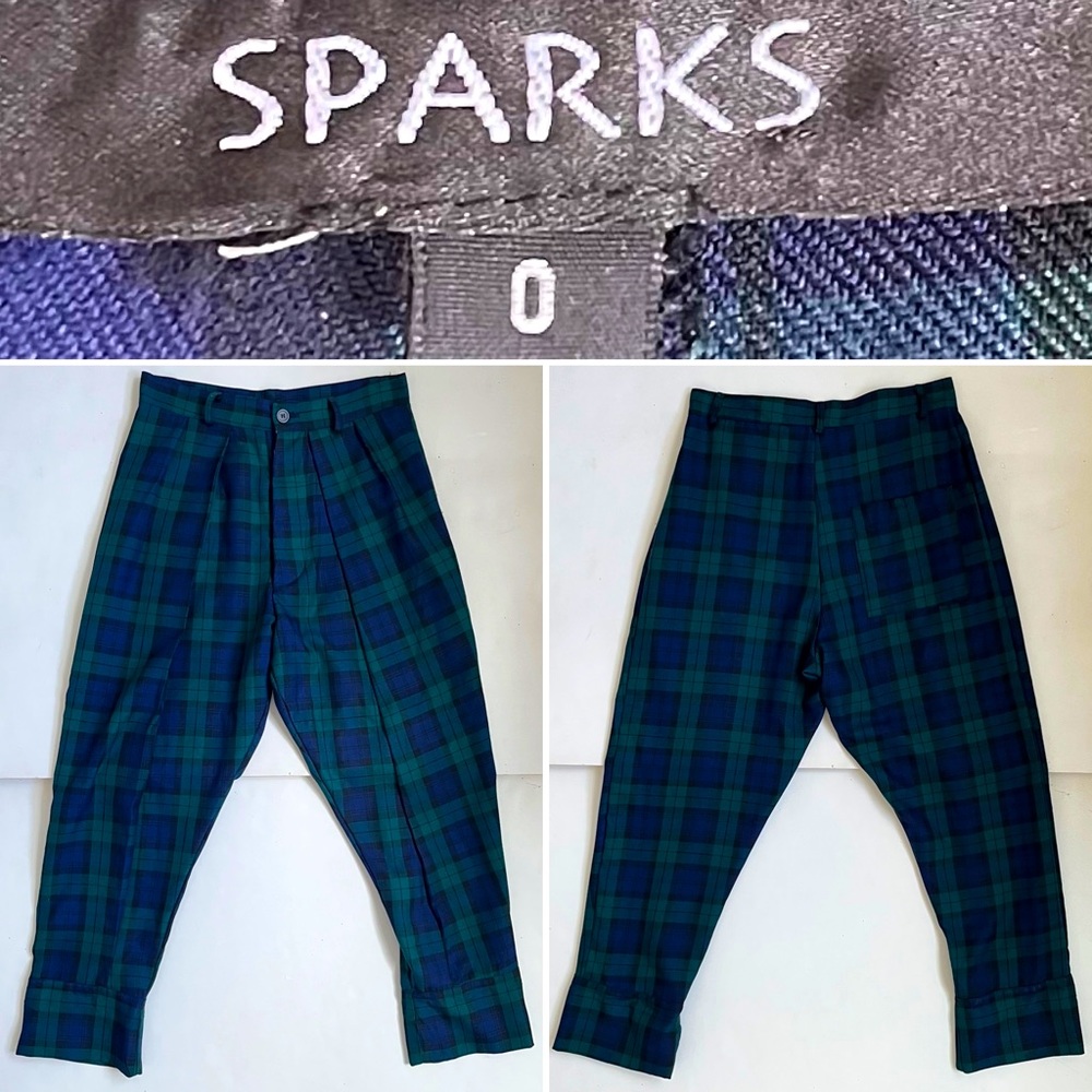 Plaid Pants Pleated Sparks Size UK 0 ,Short Inseam 27in, Non-stretch, Green
